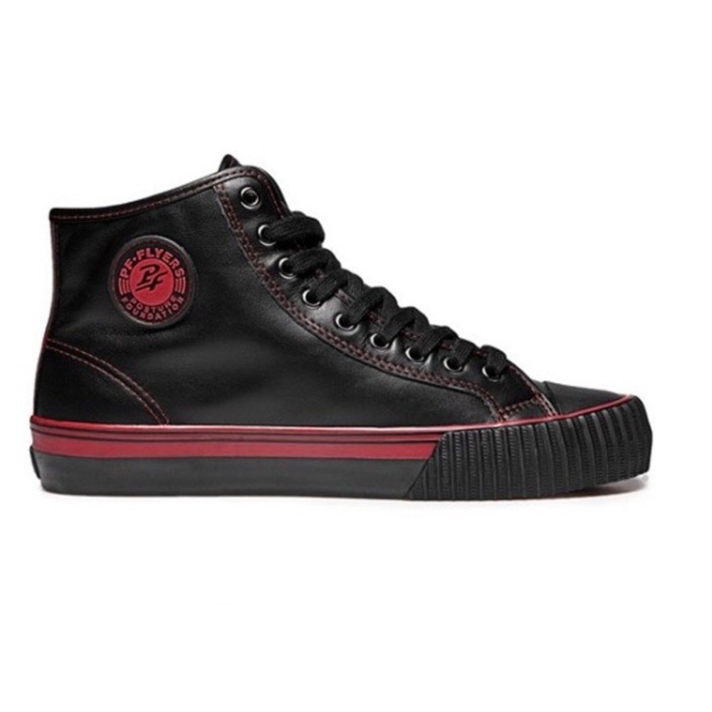 P.F. Flyers Center Hi Sneakers Mens Sz 10.5 Black Red Leather High Top Shoes